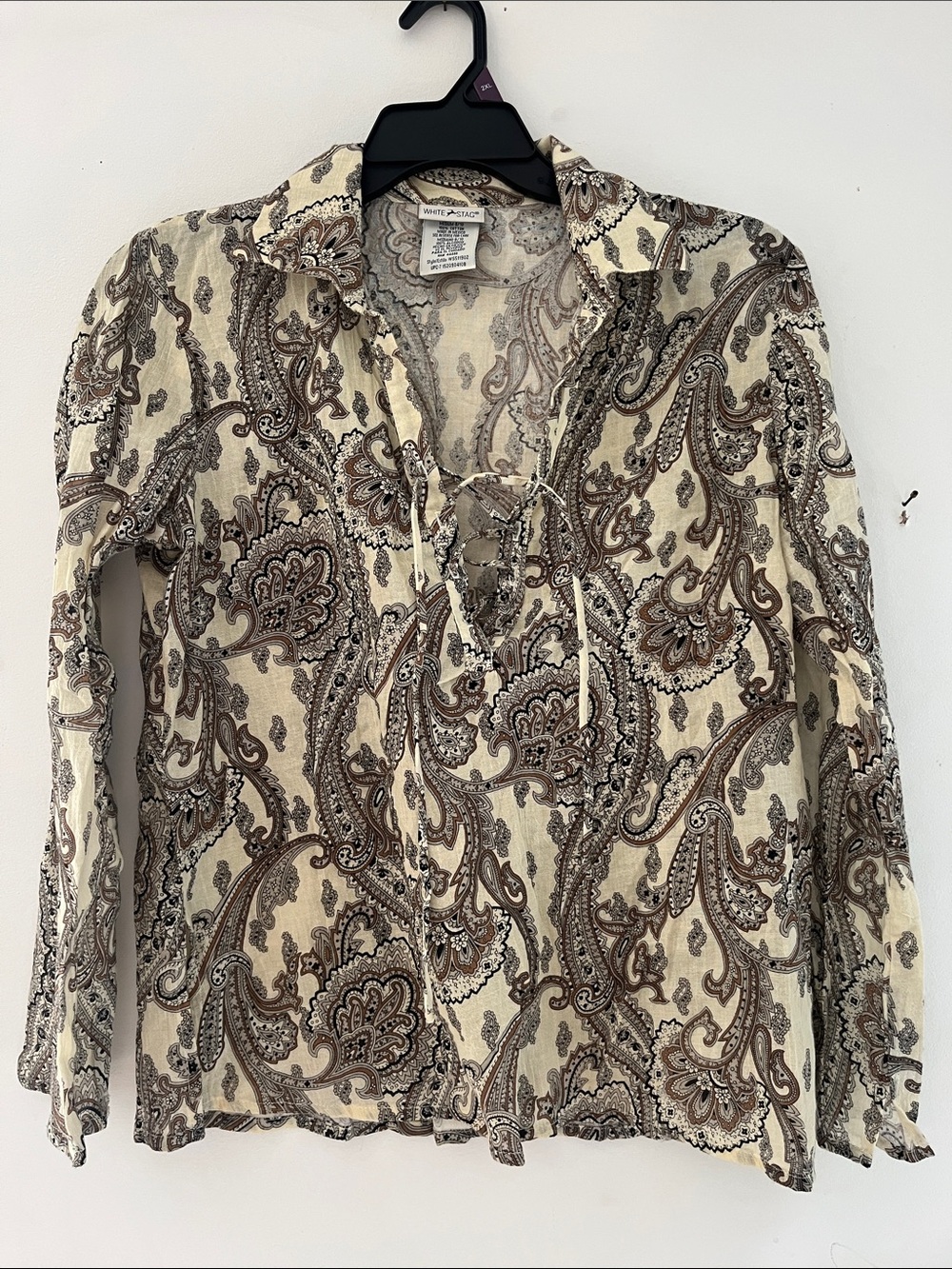 White Stag Cream and Brown Paisley Lace-Up Blouse 100% cotton